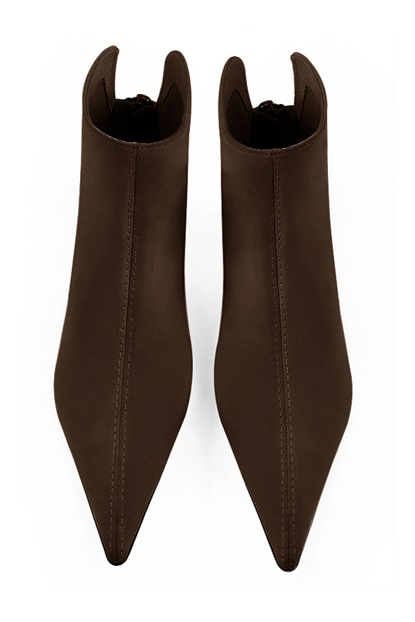 Dark brown women's ankle boots with a zip at the back. Pointed toe. Low comma heels. Top view - Florence KOOIJMAN